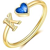 Easter Basket Stuffers-Initial Rings for Women Teen 14K Gold Plated Birthstone Rings Stackable Dainty Letter Rings Christmas Birthday Birthstone Jewelry Gifts for Mother Daughter,Adjustable Size