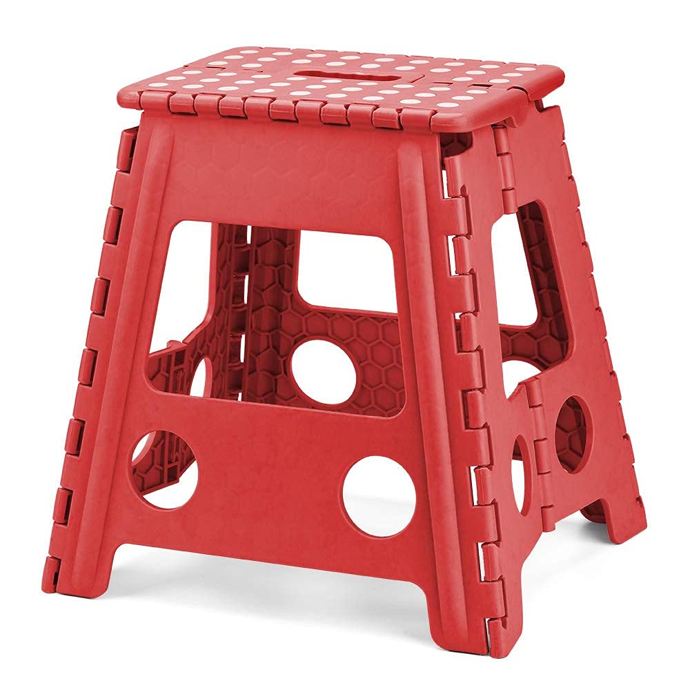 HOUSE DAY 16 inch(40cm) Folding Step Stool - Large Size Kitchen Folding Step Stool for Adults Space Saving Folding Stool for Garden Bathroom Durable Plastic Stool Heavy Duty Foldable Stool, Red