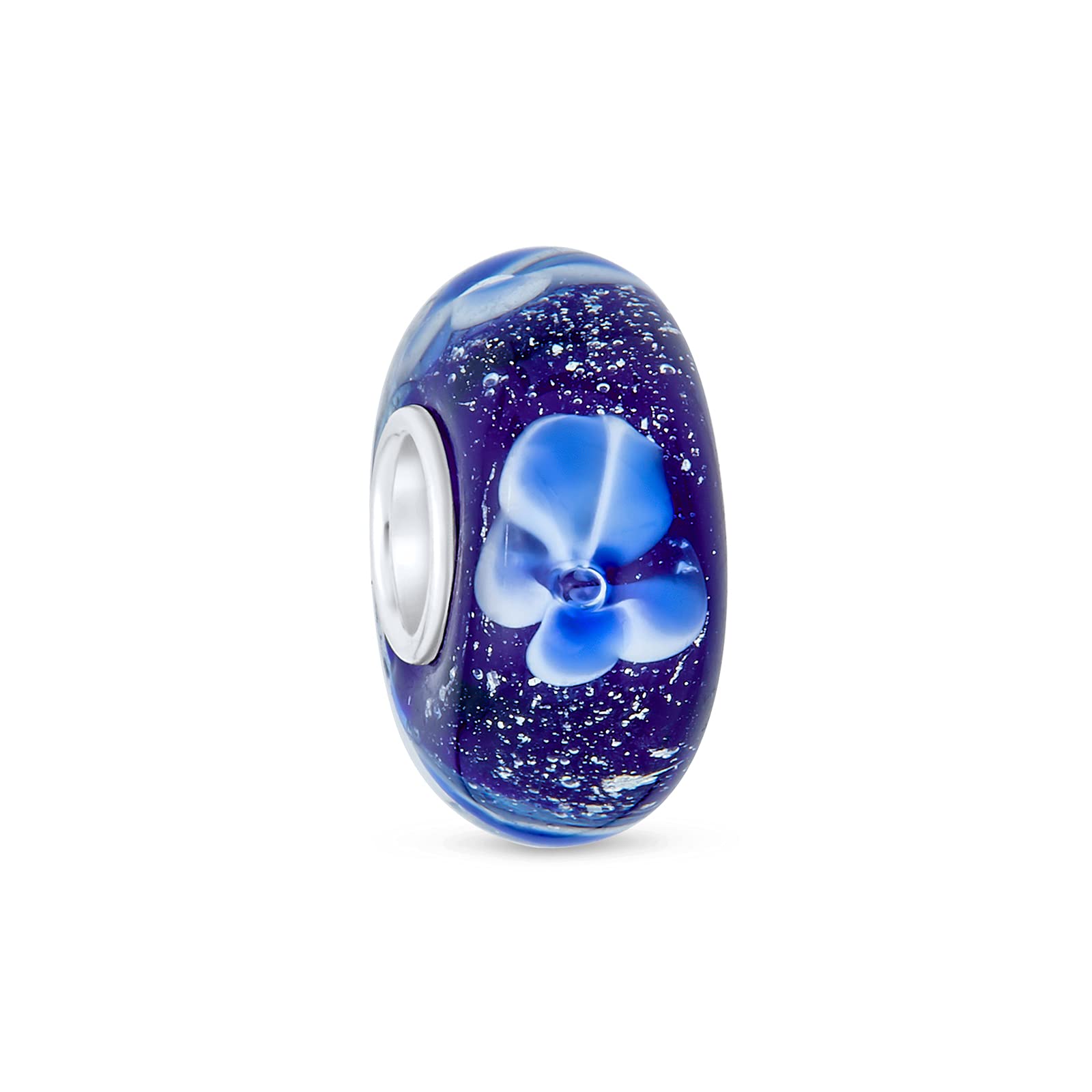 Bling Jewelry Glass .925 Sterling Silver Core Floral Navy Blue White Flower Spacer Charm Bead Fits European Bracelet For Women Teen (PBX-HFGS-019-BL)