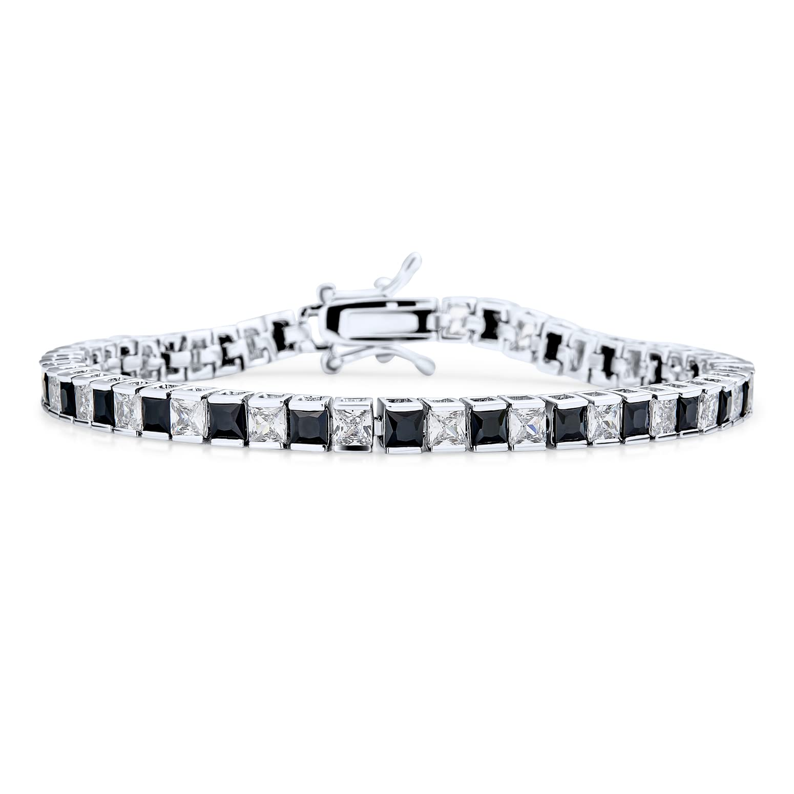 Bling Jewelry Classic Black & White Alternating Sparkling Simulated Gemstone Square Princess Cut Cubic Zirconia AAA CZ Tennis Bracelet For Women Girlfriend Silver Plated 7 Inch