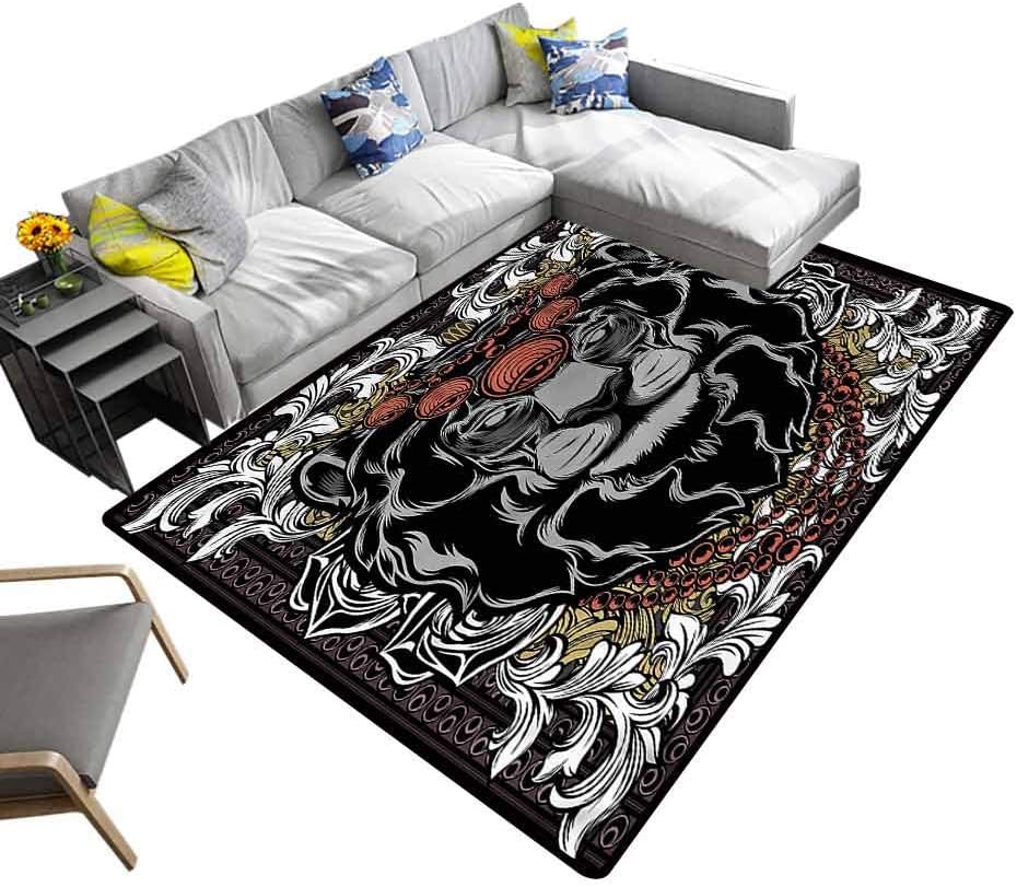 King, Non Skid Rugs Jungle Emperor Lion Frame Soft Kids Room Rug Suitable for Children to Play, 3'x 5'