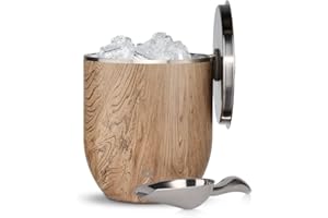 SNOWFOX Plus, Premium Vacuum Insulated Stainless Steel Ice Bucket with Lid/Scoop,Home Bar Accessories,Elegant Bartending Ice Bucket for Parties,Beautiful Outdoor Entertaining Supplies,3L,Natural Teak