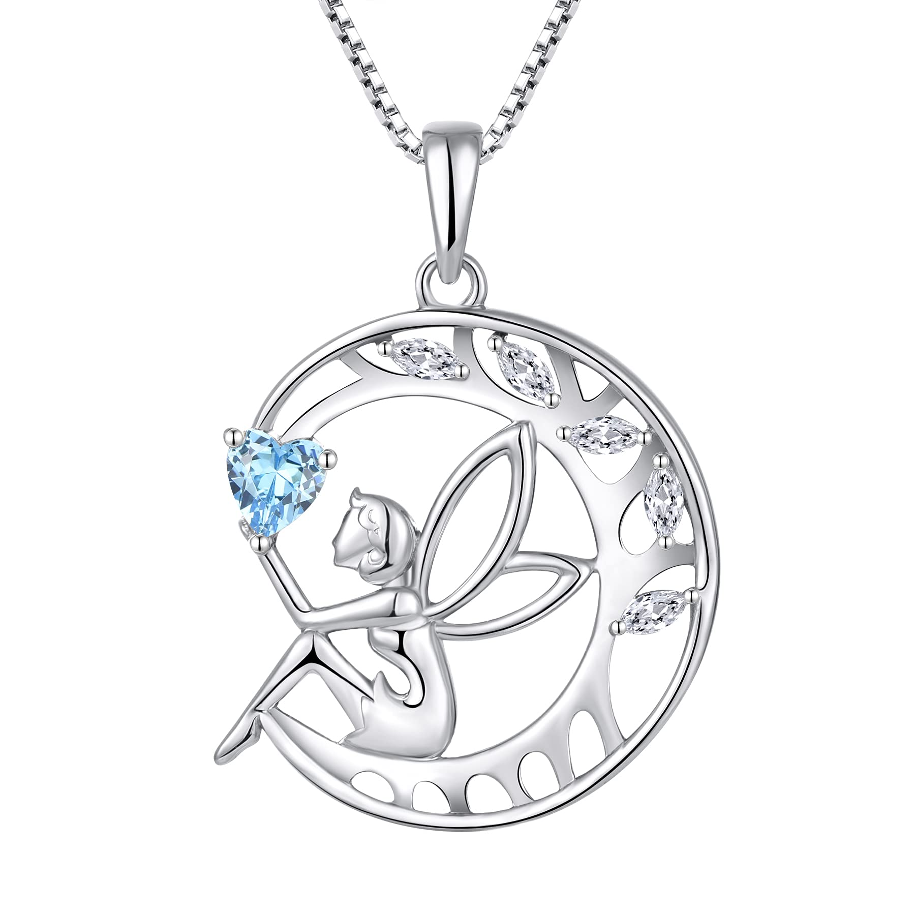 FJ Guardian Angel Necklace 925 Sterling Silver Tree of Life Pendant Aquamarine Necklace March Birthstone Jewellery for Women โ image 1