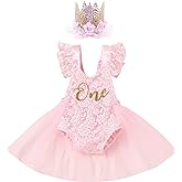 FYMNSI Toddler Baby Girls 1st Birthday Outfit Lace Tulle Romper Tutu Dress Crown Cake Smash Princess Boho Clothes Photo Shoot