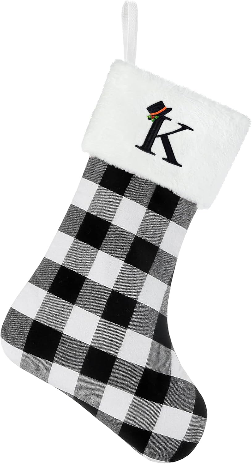 Stockings & Holders - Senneny Christmas Stockings with Initials, 20 Inch Large Black White Buffalo Plaid Monogram Xmas Stockings with White Plush Faux Fur Cuff, Christmas Decorations for Family Holiday Party, Letter K