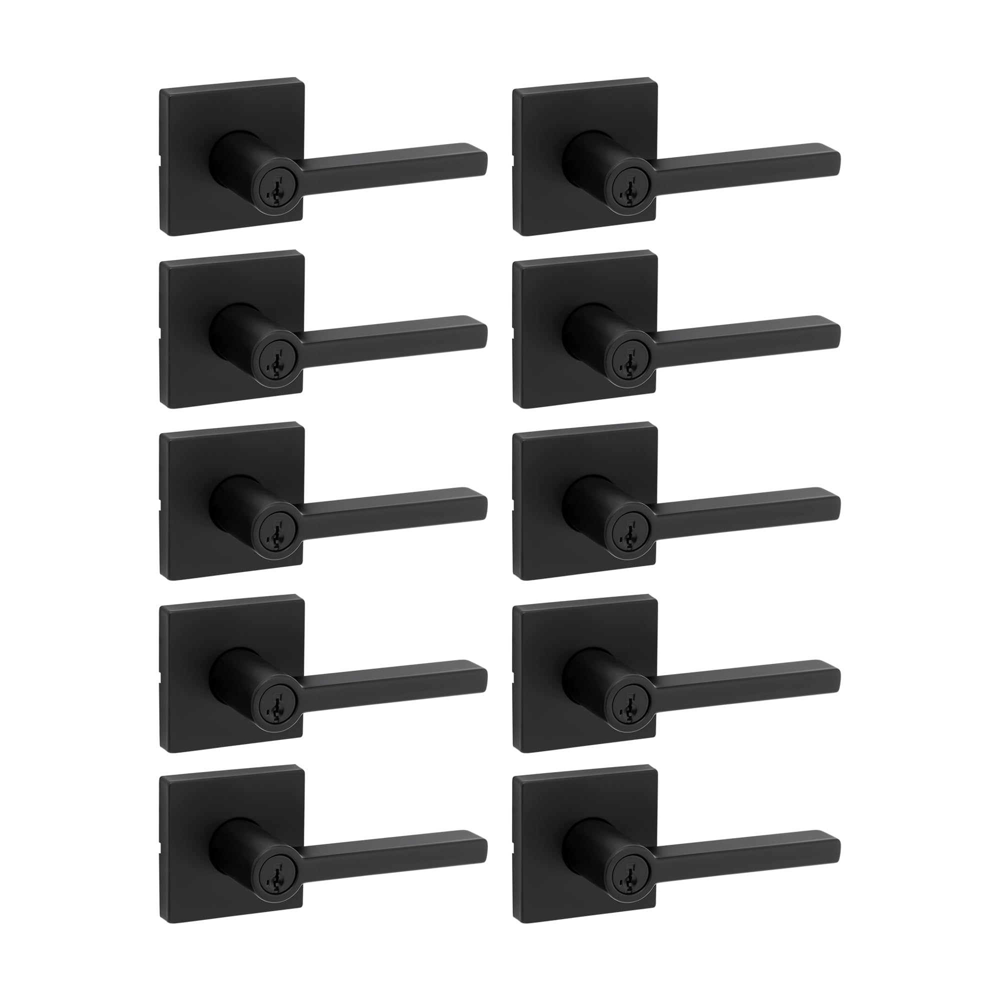 Kwikset Halifax Entry Door Handle with Lock and Key, Secure Keyed Reversible Lever Exterior, for Front Entrance and Bedrooms, Matte Black, 10 Pack, Pick Resistant SmartKey Rekey Security and Microban Image