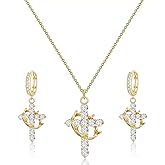 ZHDHDQ Crown Cross Necklace Earring Set for Women,Diamond Dainty 14k Gold Plated Cubic Zirconia Pendant Necklaces and Earring,Trendy Waterproof Non Tarnish Faith Jewelry First Communion Necklace