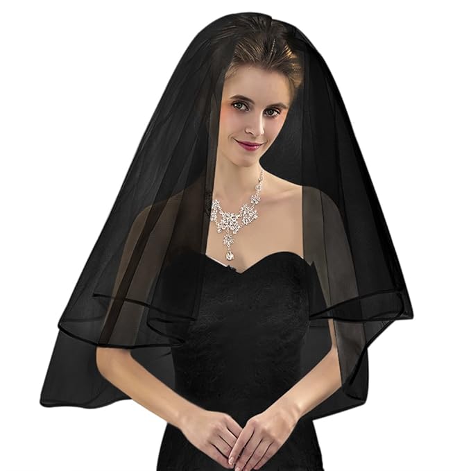 Lontg Voile De Mariage Avec Dentelle Noir 2 Couches Voile