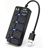 HAUXGOGO USB Hub 4 Ports USB 3.0 with Independent Power Switch | USB-Hub with 5V/2A DC Charging Adapter, Led Indicator, 4-in-1 USB-Adapter, Supports OTG And Data Transfer