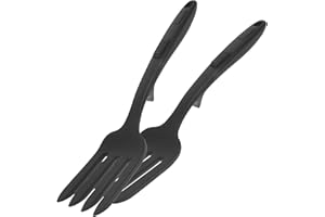 EXQUIMEUBLE 2pcs Heat-Resistant Large Black Silicone Cooking Forks for Pasta and Meat, Nonstick Kitchen Food