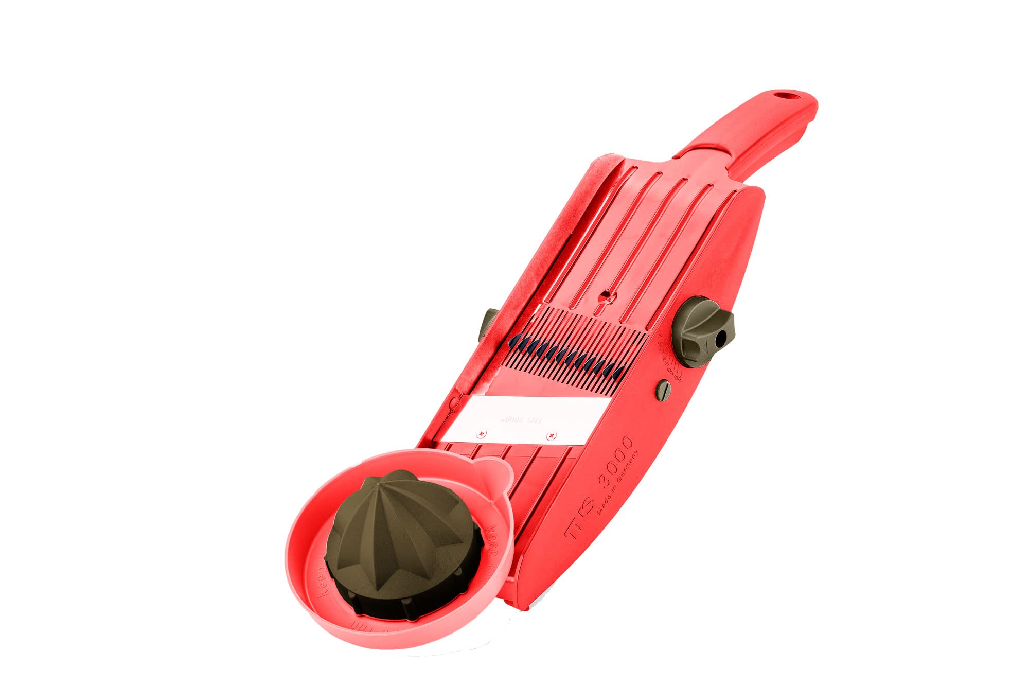 TNS 3000 Vegetable Slicer Red Cucumber Slicer Kitchen One for Everything Cuts Pins or Cubes Thick or Thin