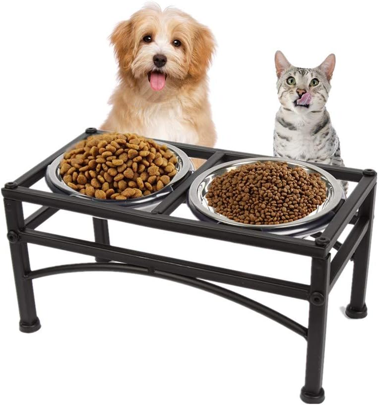 Double Stainless Steel Cat Dog Puppy Pet Bowls Stand,Water Food Feeder Pet Dish Holders (Small), Black