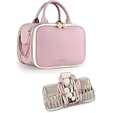 Prite Makeup Bag for Women, Large Capacity Waterproof Travel Cosmetic Organizer, Portable Open Flat Toiletry Bag with Free-standing Brush Holder and Handle(Pink Medium)