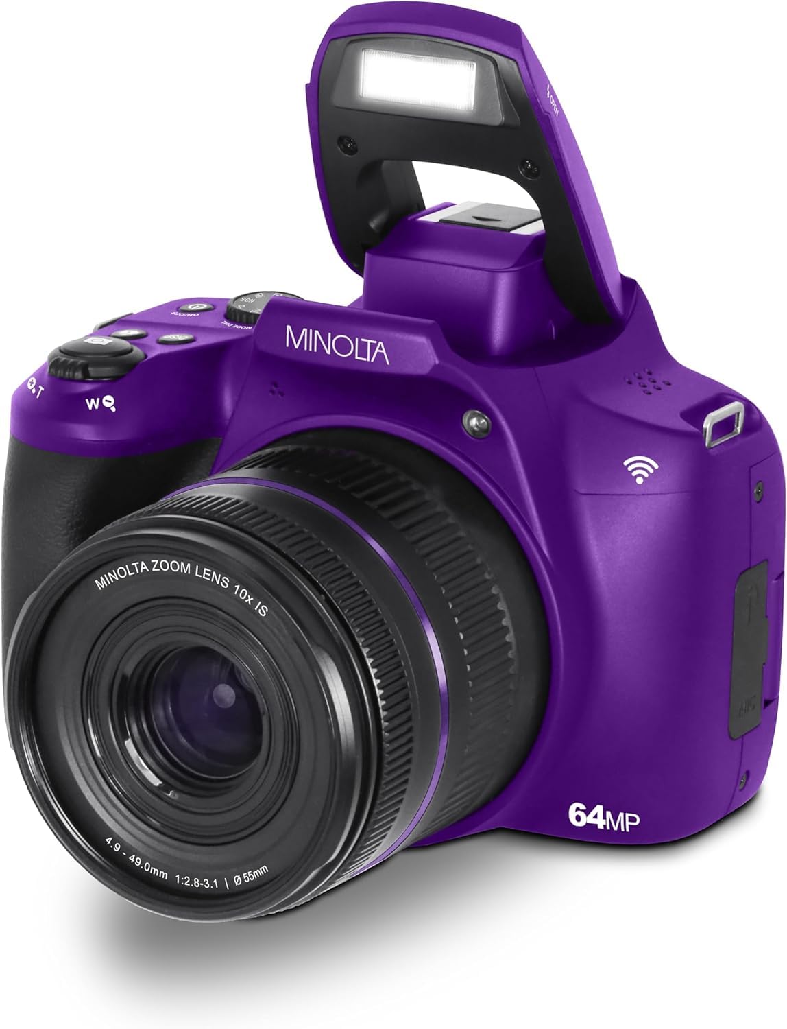 Minolta ProShot 64MP Digital Camera – 10x Optical Zoom, 4K Ultra HD Video, Macro Shooting, Anti-Shake, 3-inch LCD Screen, Face Detection – Includes 32GB SD Card, Battery & Case (Purple)