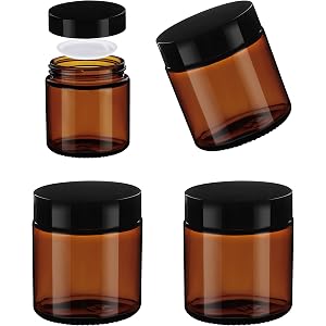 Vitreaux 4oz Amber Glass Jars with Lids,4 Pack Glass Jars with Black Lid,Leakproof Airtight Reusable Empty Cosmetic Container