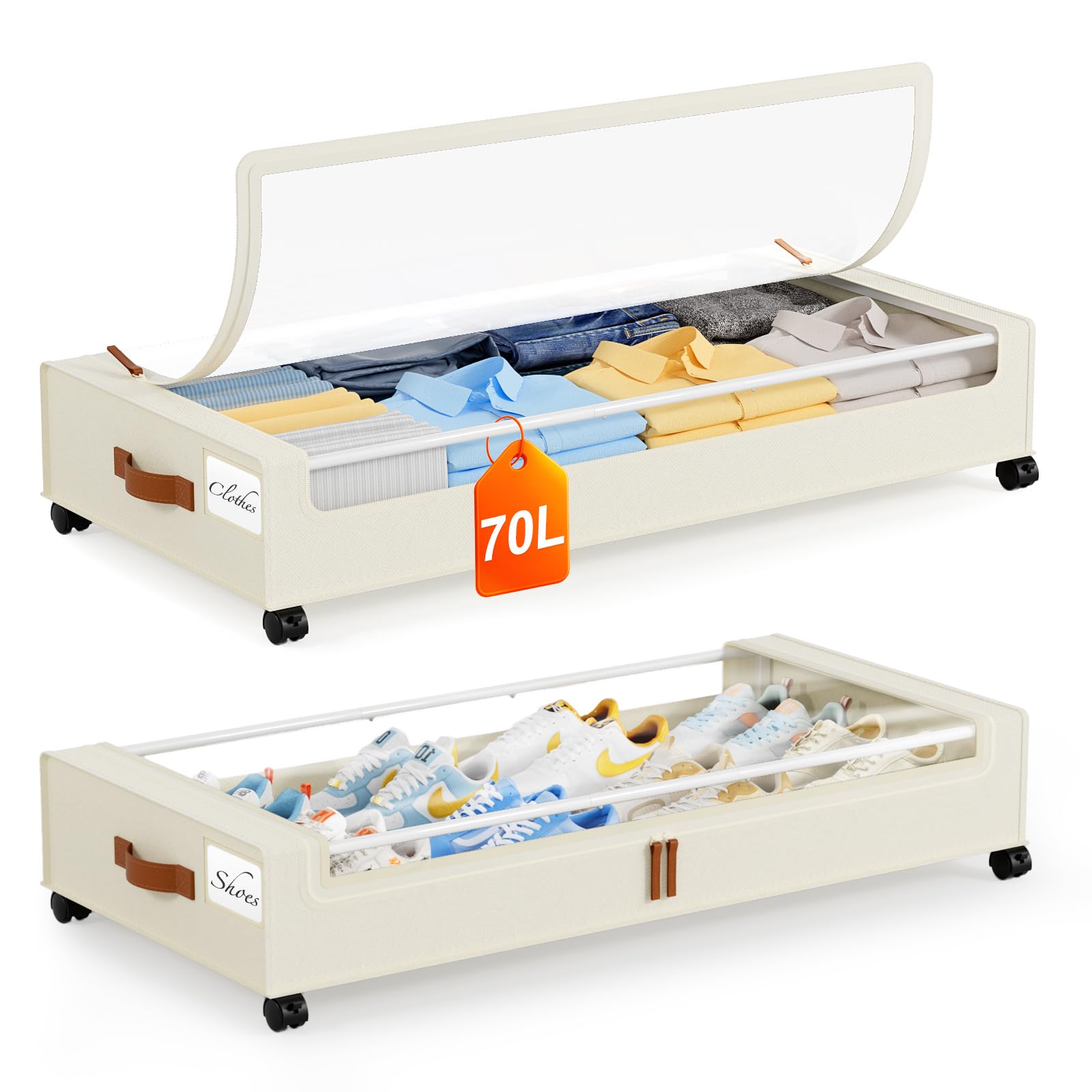 Photo 1 of Yecaye Under Bed Storage with Wheels 2Pack, 70L Larger Capacity Under Bed Storage Containers, Underbed Shoe Storage Organizer, Rolling Under Bed Metal Drawers for Clothes, Blankets(35.5 x 17 x 6.7in)