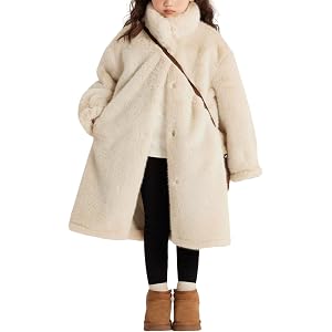 Girls Faux Fur Coat Winter Fleece Fluffy Jacket Stand Collar Casual Coats | Warm, Side Pockets, 5-14Y, Snap Button, High Neck