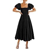 GOLDSTITCH Women's Smocked Maxi Dress Square Neck Ruffle Hem Puffy Short Sleeve Flowy Midi Dress
