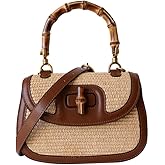 Women's Handmade Straw Tote Handbags，Genuine Leather+Straw Woven Bamboo Top Handle Satchel Crossbody Bag