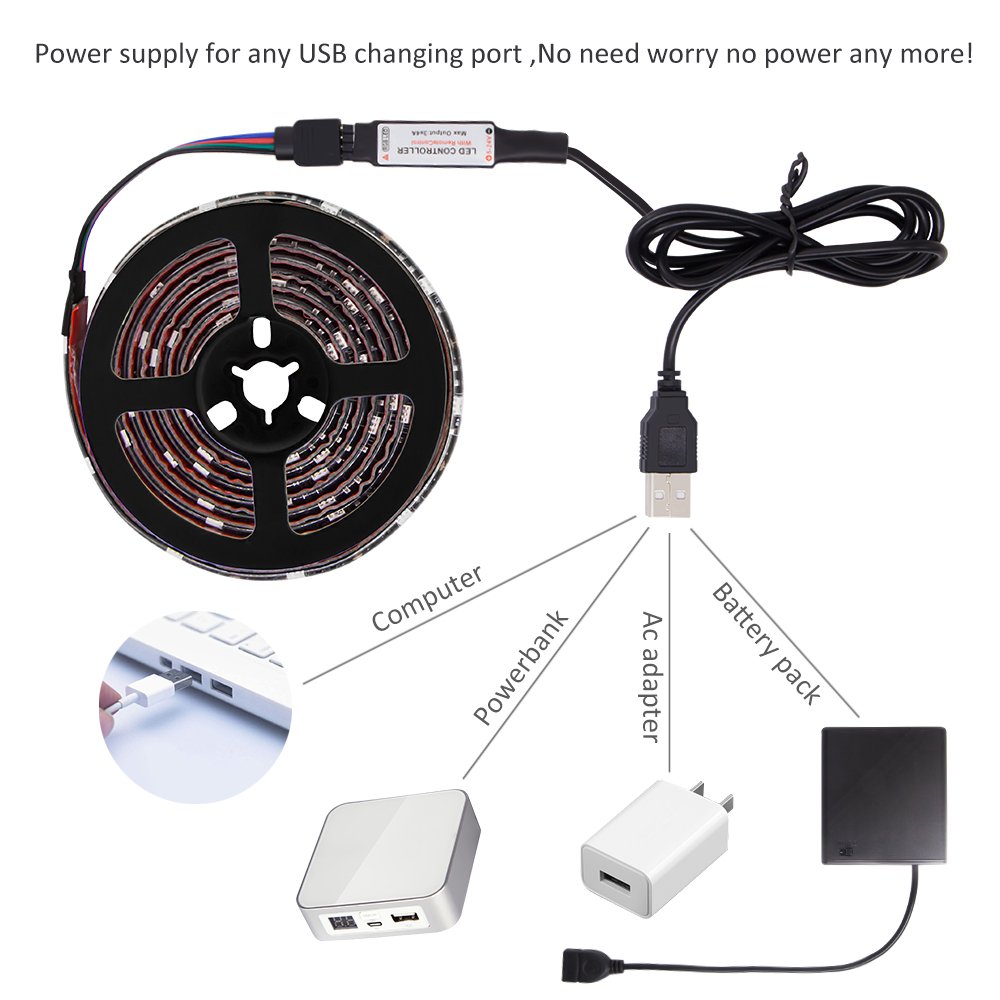 Abtong LED Strip Lights Battery Operated USB Powered TV Backlight, LED Strip Battery Powered with RF Remote Waterproof RGB LED Strip Rope Lights Multi Color Changing, 2M/6.56ft