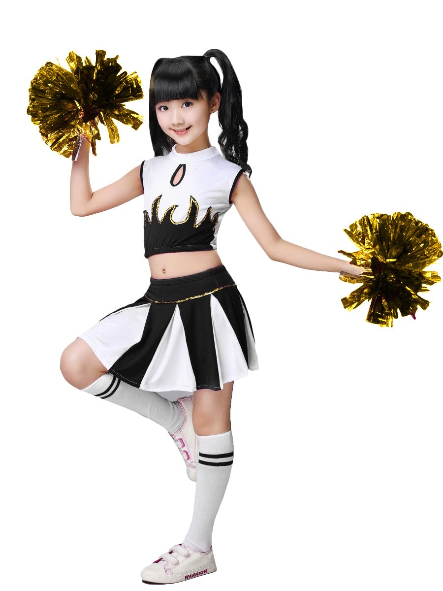 LOLANTA Girls Cheerleader Costume Cheerleading Children Dress Outfit Uniform with PomPoms(Black, 10-11 years, Tag Size 150)
