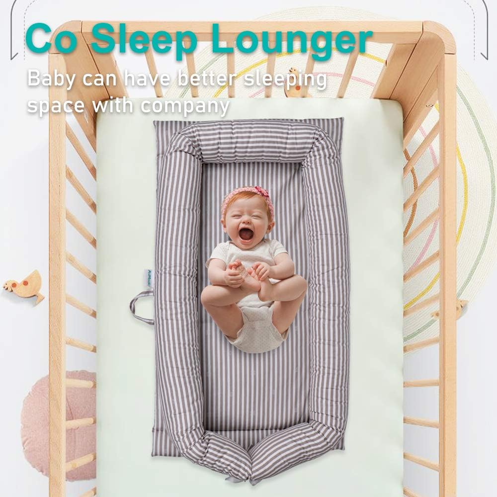 Windream Baby Nest Baby Lounger-Grey Striped Breathable, Washable, Portable and Lightweight Perfect for Cuddling, Lounging, Co Sleeping, Napping and Travel Bassinet(0-24 Months): Home & Kitchen