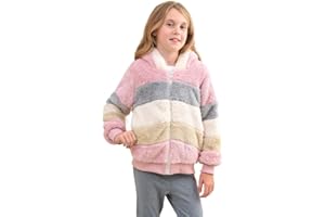 Dugcew Girls Zip up Hoodie Kids Soft Fuzzy Fleece Jacket with hood Fall winter Contrast color Pullover Sweatshirt for girls