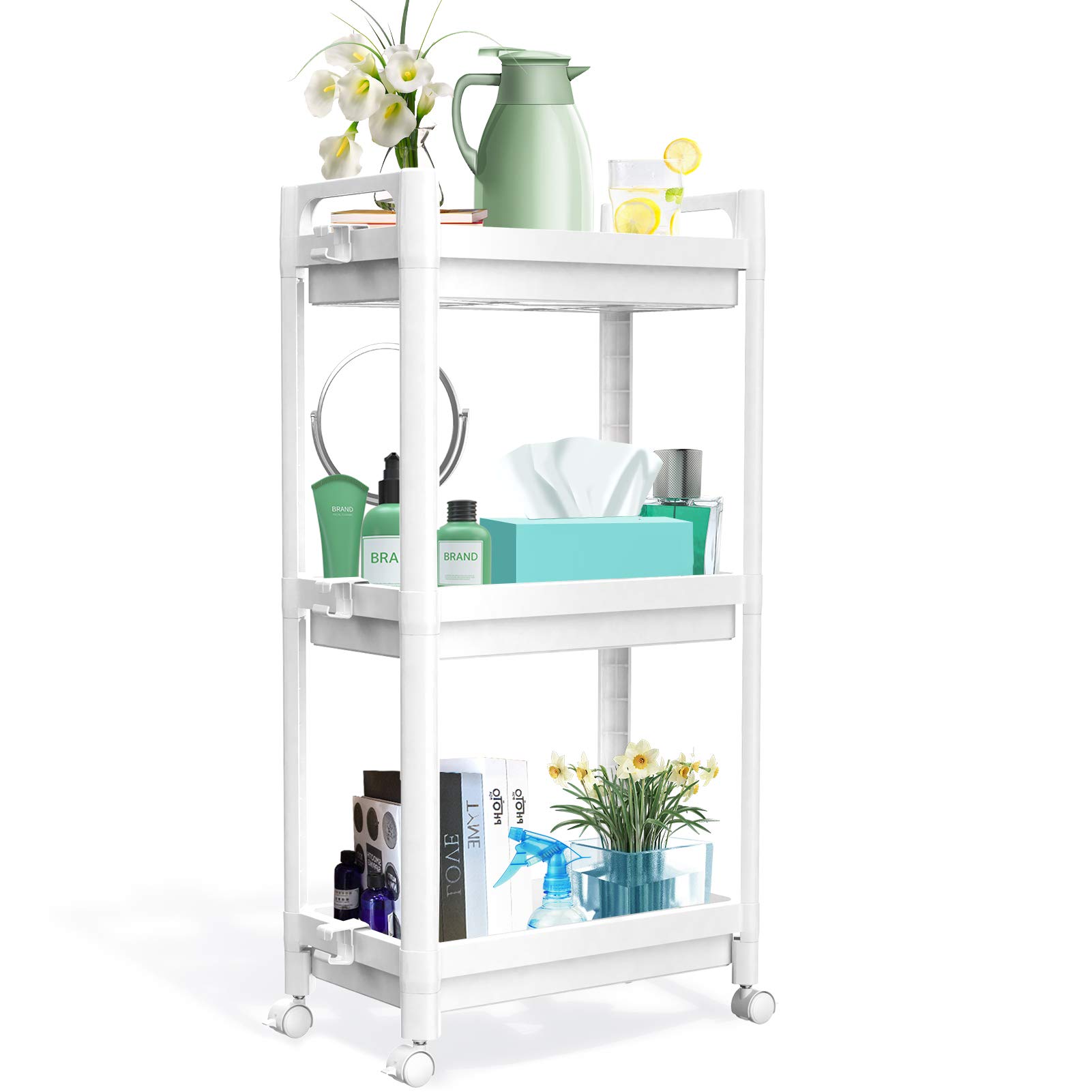 SPACEKEEPER 3 Tier Storage Trolley Slide Out Storage Cart Rolling Utility Cart Mobil Shelving Organizer Unit for Kitchen Bathroom Laundry Office, Plastic, White