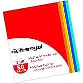 Gemsroyal Colored Half Sheet Shipping Labels Printable,5.5"×8.5" Half Page,5 Colors Assorted(Red,Orange,Yellow,Blue,Green),Color Neon Label Sticker Paper for Printer,Coloful Large Stickers Labels