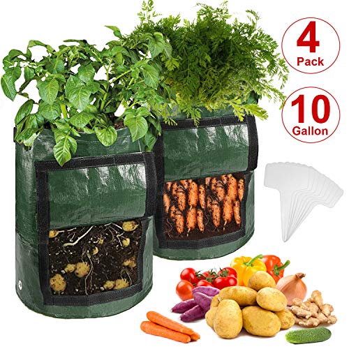 CicoYinG 4-Pack 10 Gallon Potato Grow Bags – Plant Growing Bags w/Drainage Holes & Access Flap & Handles, Garden Bag Plant Pot for Grow Vegetables, Plant Bags Fabric Pots w/8Pcs Plant Labels