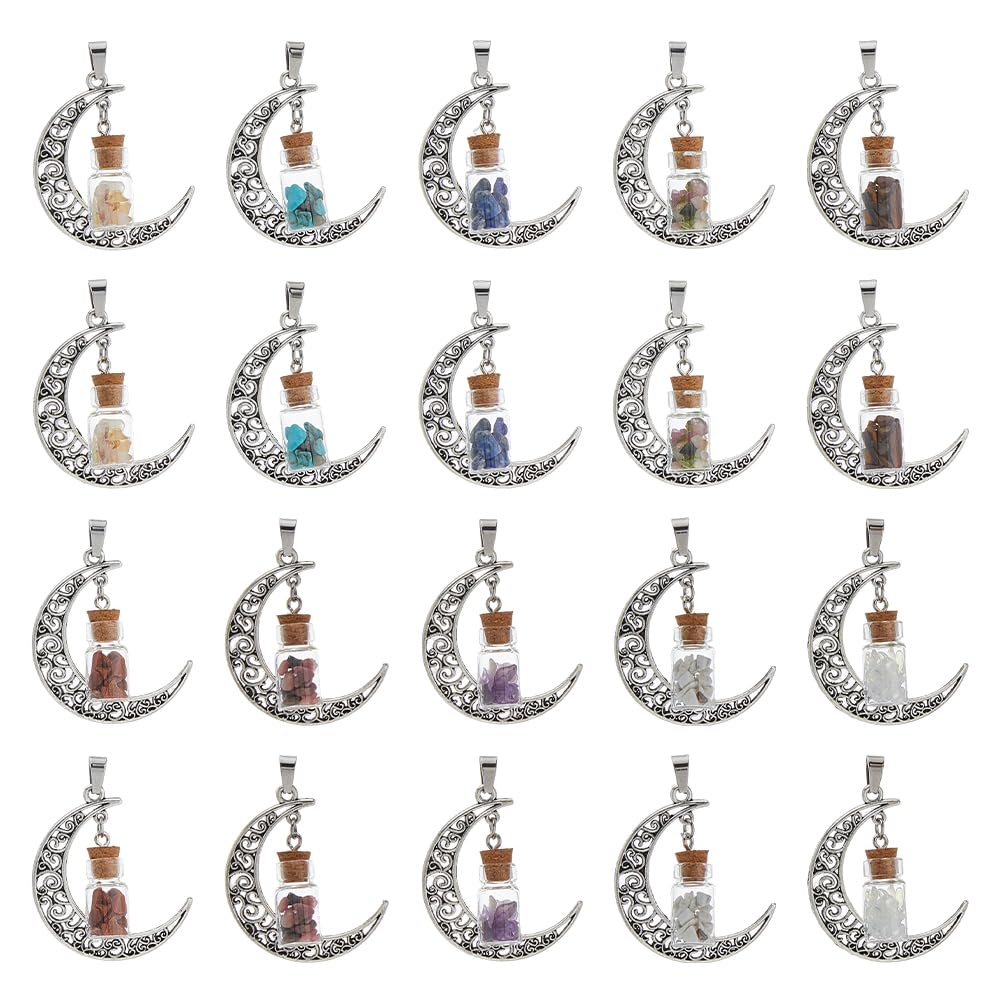 DICOSMETIC 10 Styles 20Pcs Crescent Moon Pendant with Crystal Wishing Bottle Crystal Celestial Pendants with Jewelry Clasps Chip Stone Filling Pendants for DIY Jewelry Crafts