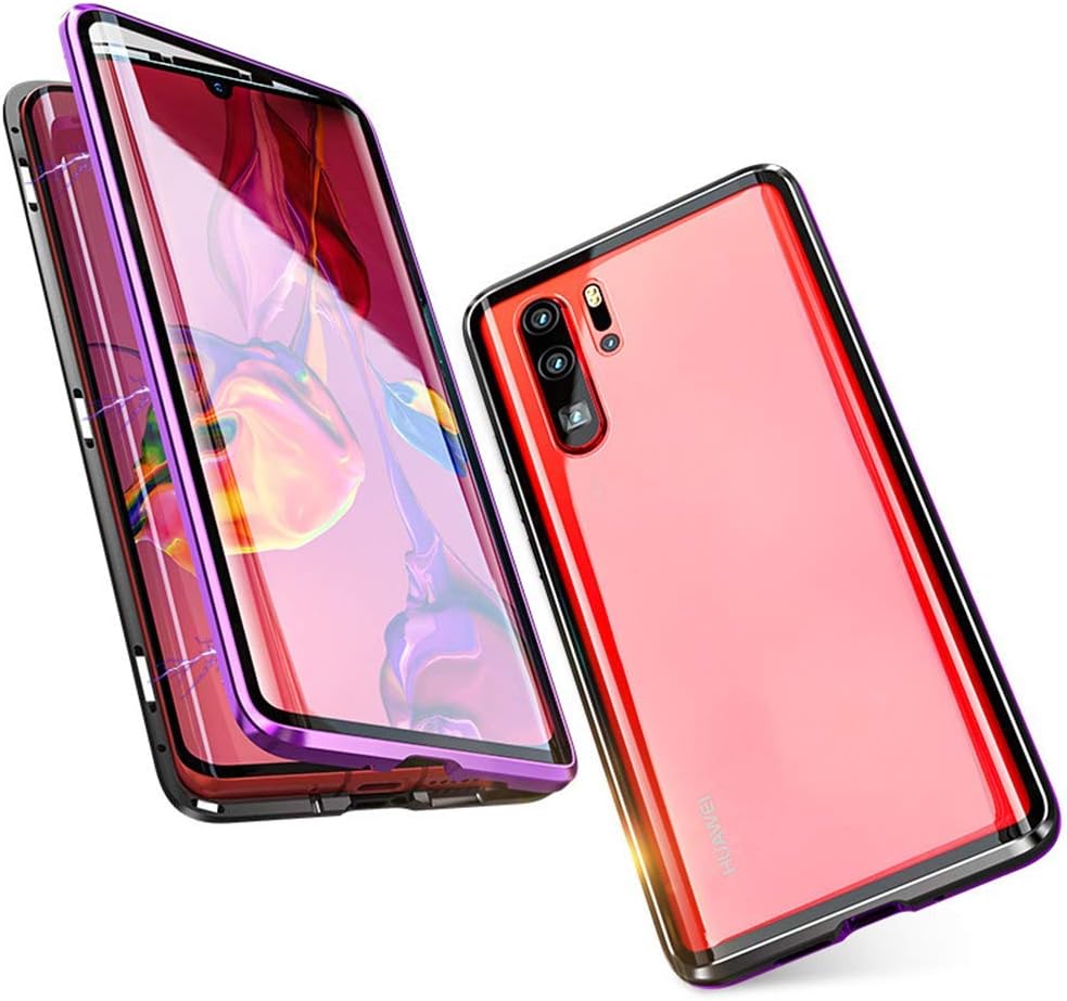 Case for Huawei P30 Pro Cover Magnetic Adsorption Tech Front Back Tempered Glass Unibody Design Powerful Magnets Built-in Frame 360 Degree Protection Shockproof Metal Flip Cover, Purple Black