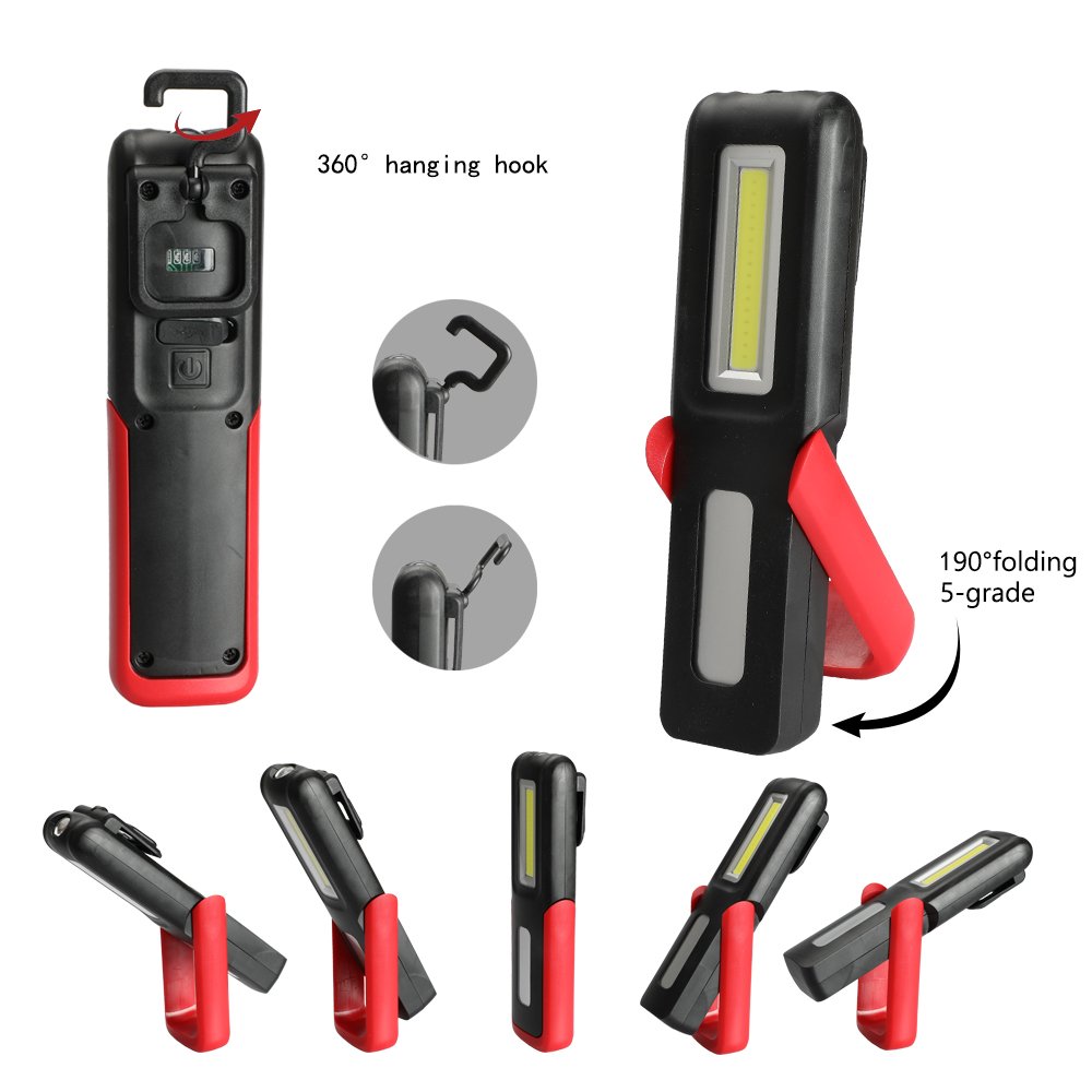 Three trees LED Cordless Work Light COB Rechargeable Portable Hand Held Work Lamp With Hanging Hook, Magnetic Holders, 1200mAh Charging, Multifunction Flashlight (red)