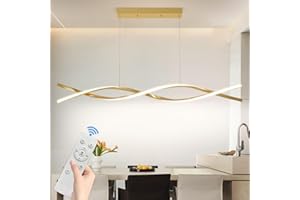 MIKERU Modern Led Pendant Light for Dining Room, 39.3inch Dimmable 3000k~6500k Remote Control Gold Wave Shape Chandeliers 50w Height Adjustable Hanging Lights for Dining Rooms Kitchen Island Restaurant