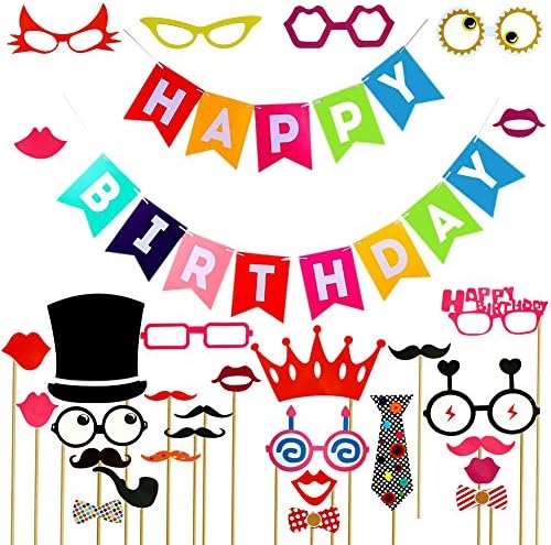Happy Birthday Banner Banner with 31 Interesting Photo Booth Props Sponsorship Birthday Party Dress Up with Beard, Hat, Eyewear Party decorating packs