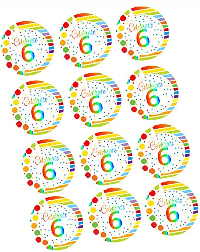 CakeSupplyShop Item#RE-006 Happy 6th Birthday 2inch Rainbow Edible Cupcake / Cookie Frosting Image Toppers -12ct