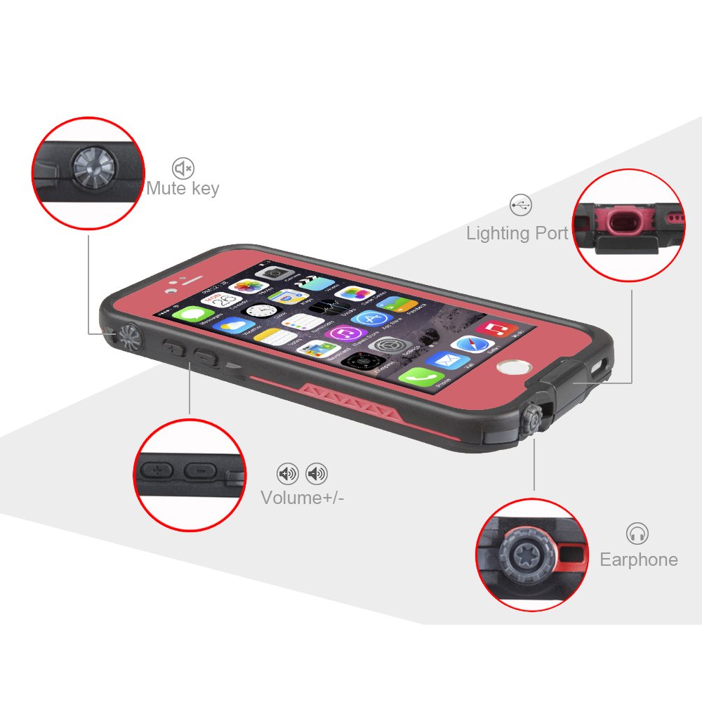 TRITINA Waterproof Case for iPhone 6 6s 4.7inch with Touch ID - ShockProof,Dirtproof,SnowProof protection,Certified IP68 Full Body Cover (Black with Pink)