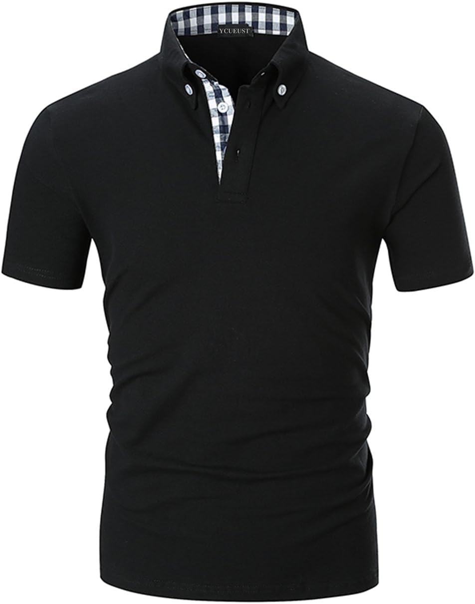 YCUEUST Mens Polo T-Shirts Casual Short Sleeve Plaid Collar Polos