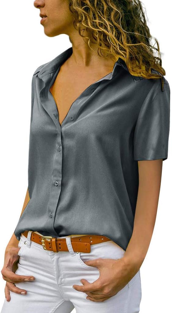 Women Blouses Short Sleeve Chiffon Causal Solid Fashion Plus Size Button Tshirt Sale Slim Fit Cool Summer Elegant Tops