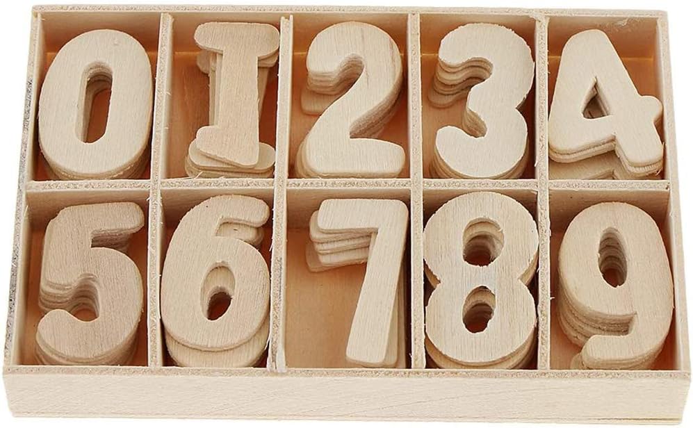 POFET Mixed Wooden 0-9 Numbers DIY Decorations 120 pcs with Storage Tray