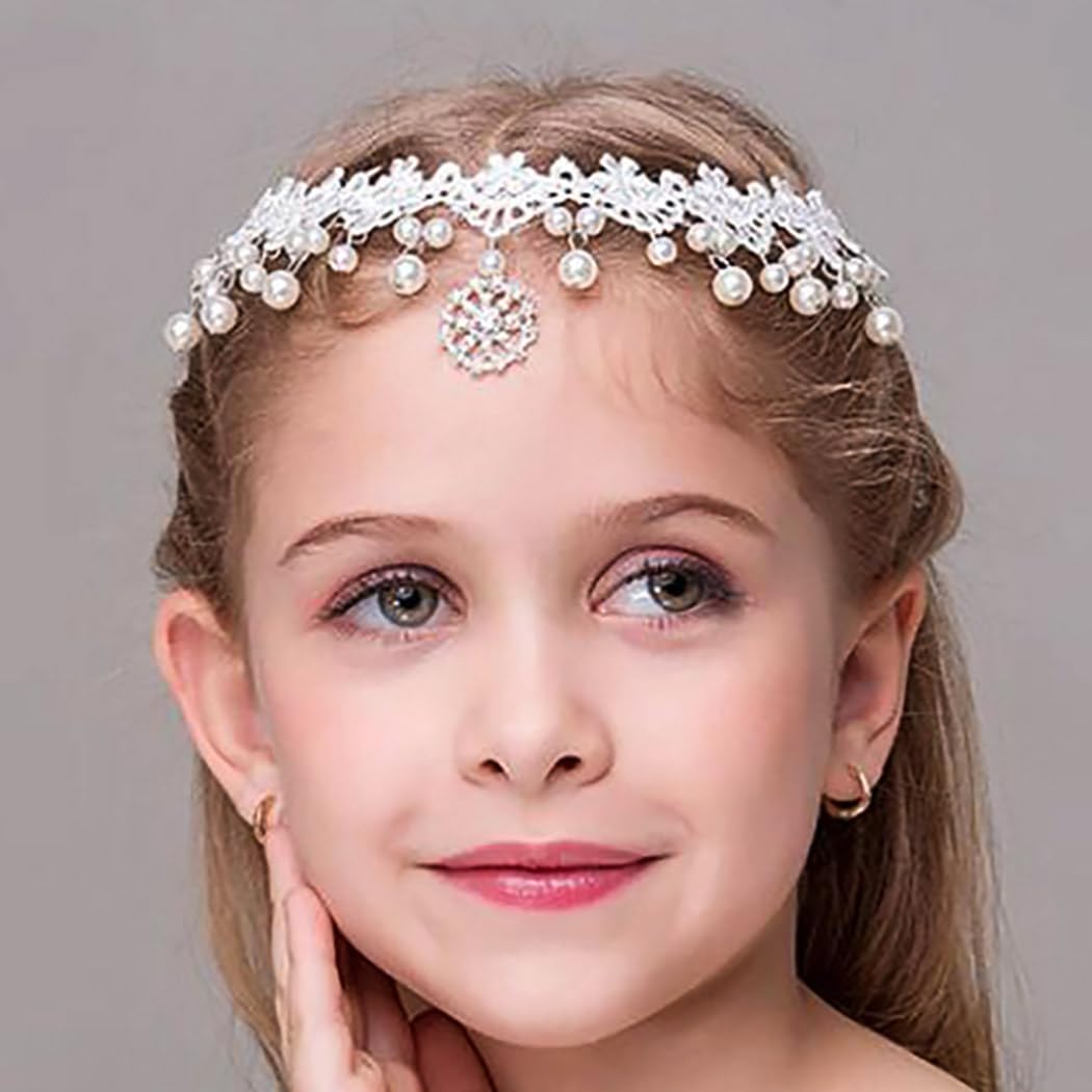 IYOU Princess White Flower Headpiece Pearl Hair Dress Crystal Pendant Bridal Wedding Hair Accessories for Flower Girls
