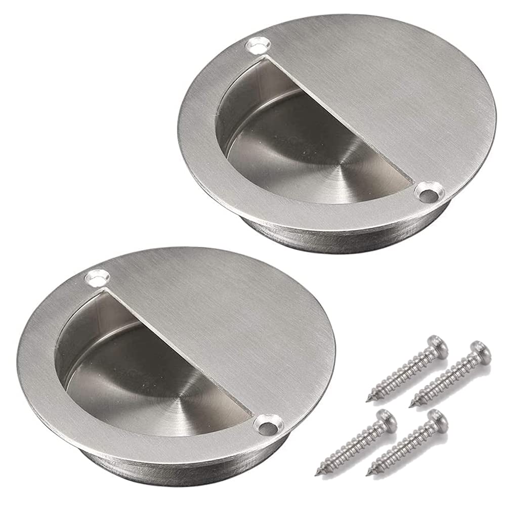 Mesee 2 Packs Recessed Sliding Door Handles with Fixing Screws, 90mm Stainless Steel Concealed Round Flush Pull Handle Finger Pulls Wardrobes Drawer Cabinet Doors Knob