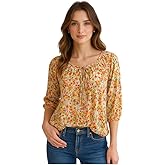 Star Vixen Women's 3/4 Sleeve Peasant Elastic-Hem Keyhole-tie Top, Ivory Roses, Small