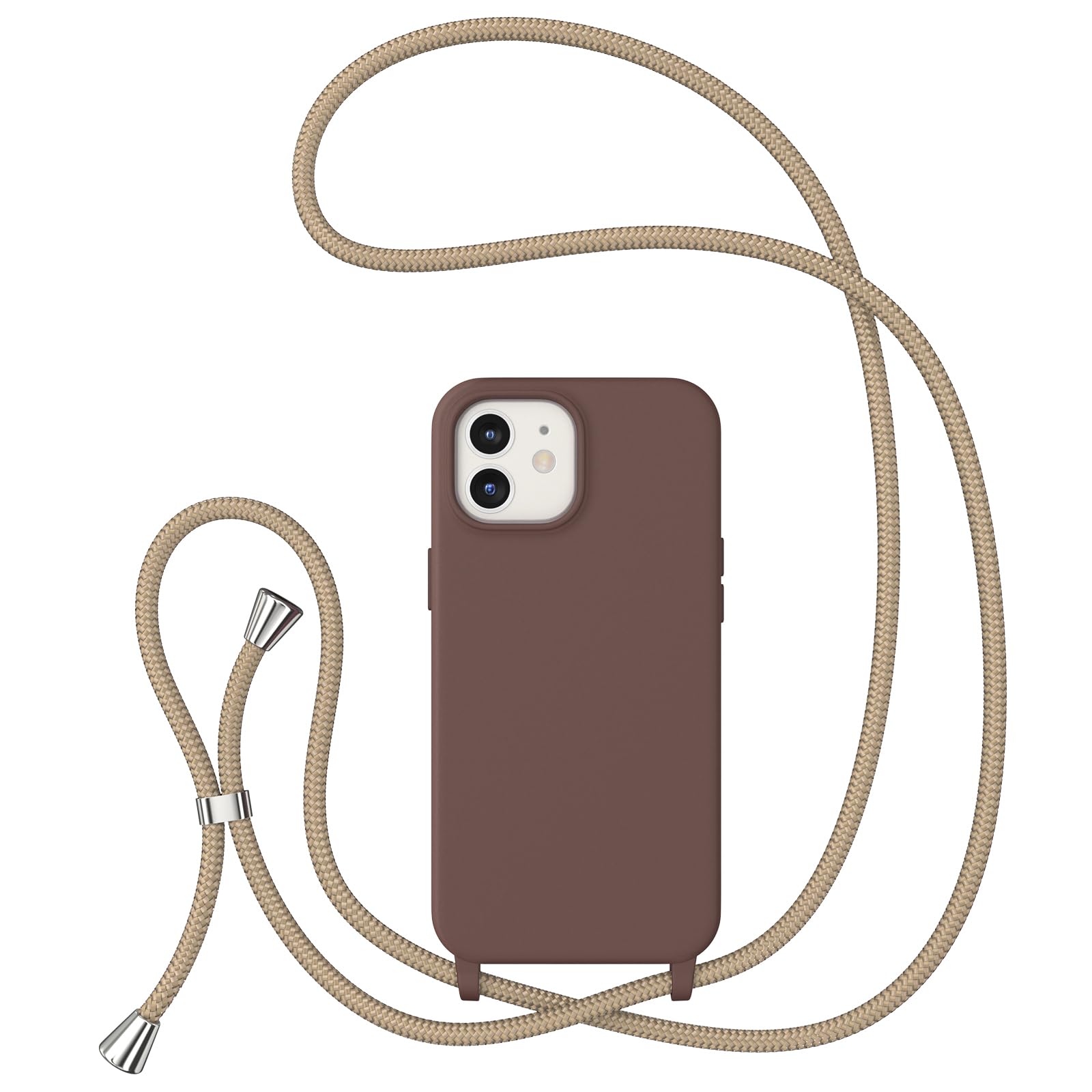 ZTOFERA Crossbody Lanyard Case for iPhone 12/12 Pro, Liquid Silicone Protective Phone Case with Strap Adjustable Neck Cord Necklace Soft Cover, Brown