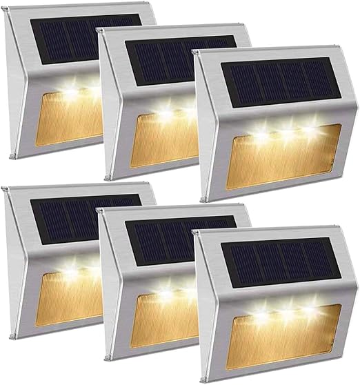[Luz Cálido]Luces Solares 3 LED Exterior Jardin,Impermeable Acero Inoxidable Lámparas Solares para Escaleras,Camino,Patio,Pared y Jardín(paquete de 6)