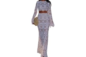 REASERAL Womens Lace 2 Piece Outfits Long Sleeves Round Neck Hollow Out Top Maxi Skirt Vacation Sets