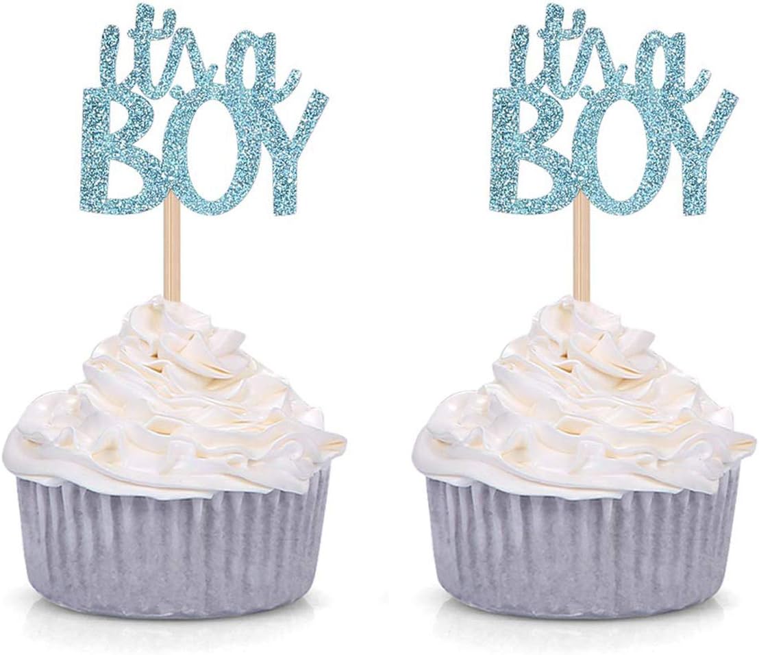 Blue Glitter It's a Boy Cupcake Toppers Gender Reveal Party Baby Shower Decorations Picks - Set of 24, 24 Count (Pack of 1)