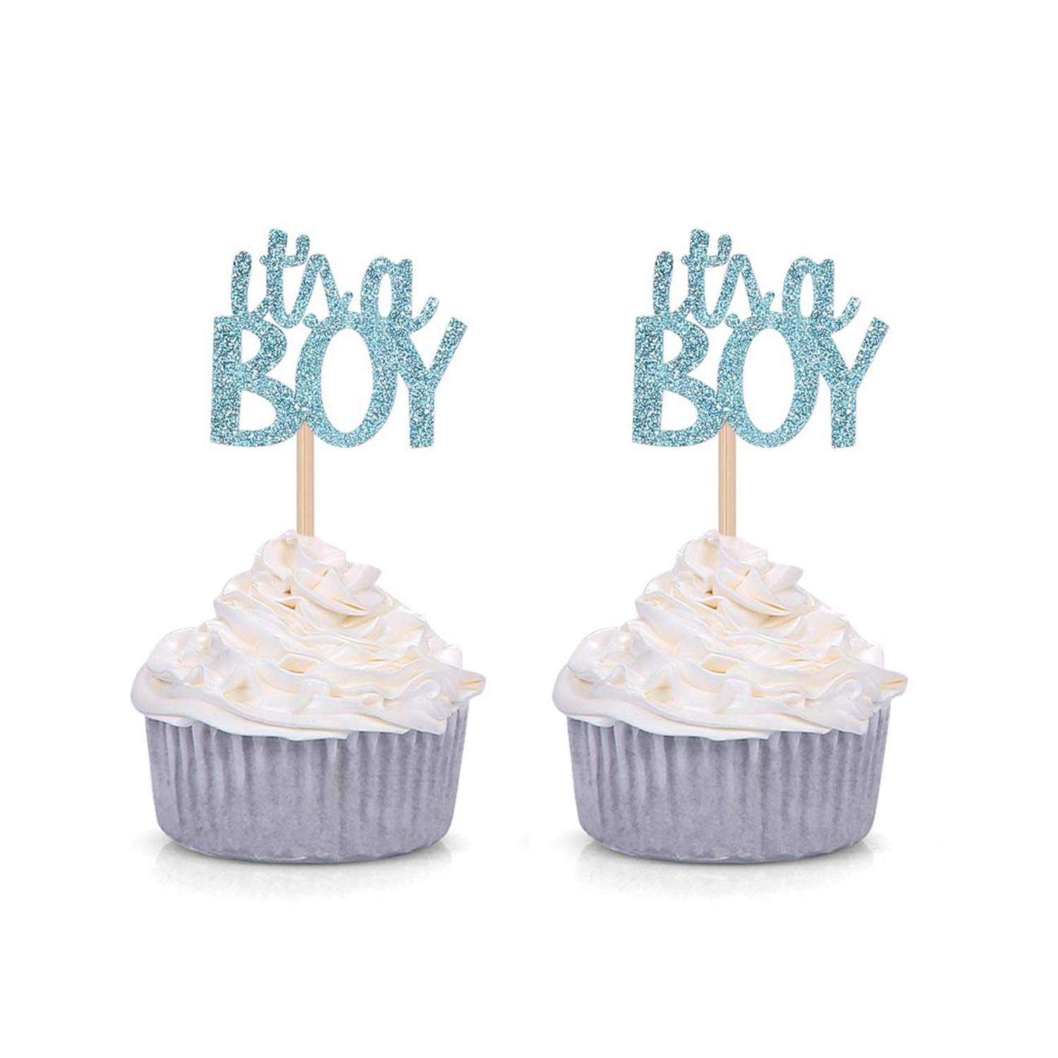 Blue Glitter It's a Boy Cupcake Toppers Gender Reveal Party Baby Shower Decorations Picks - Set of 24