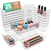 KICHLY 25 Pack Clear Plastic Desk Supplies Organizer, 4 Sizes Desk Drawer Organizer for Office Supplies, Vanity Organizers, M