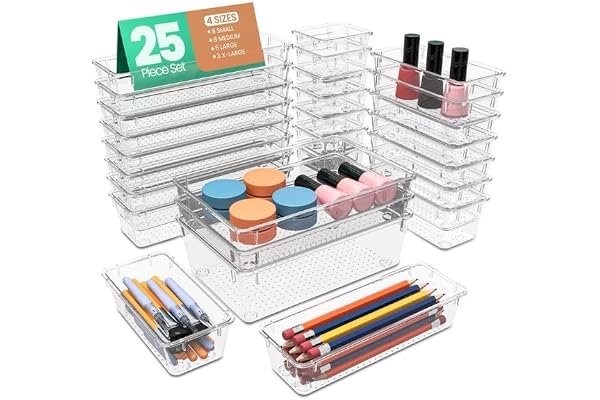 KICHLY 25 Pack Clear Plastic Desk Supplies Organizer, 4 Sizes Desk Drawer Organizer for Office Supplies, Vanity Organizers, M